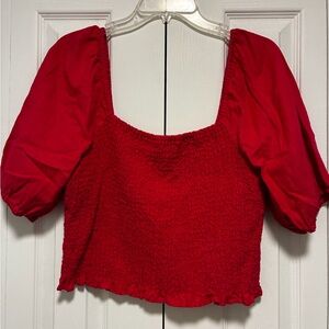 Red Puff Sleeve Smocked Top